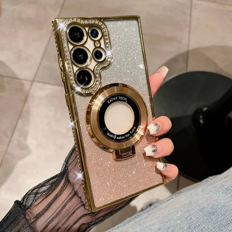 Luxury Fashion Phone Case with Electroplated Gradient Glitter Diamond Stand for Samsung S22 S23 S24 Series Shockproof Camera Case with Wireless Charging